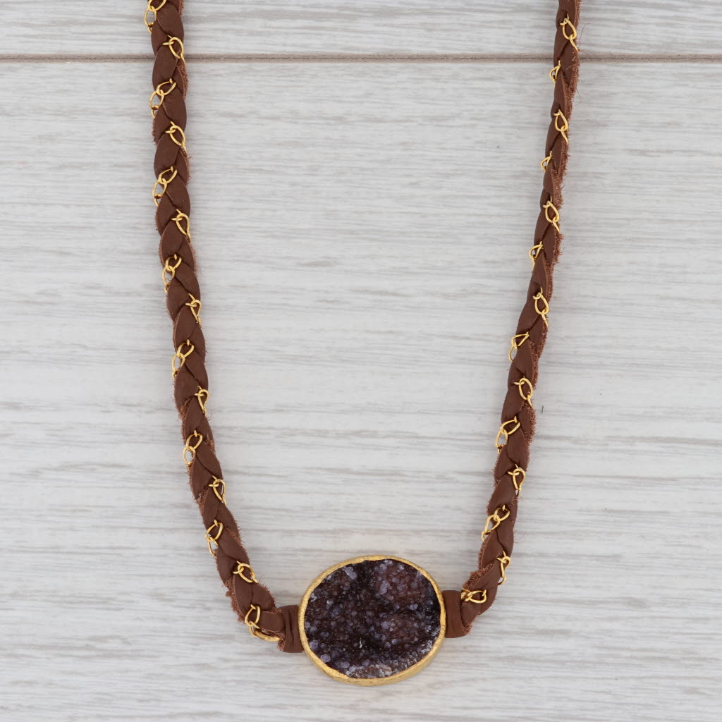 New Nina Wynn Necklace Cordelia Woven Brown Leather Amethyst Druzy