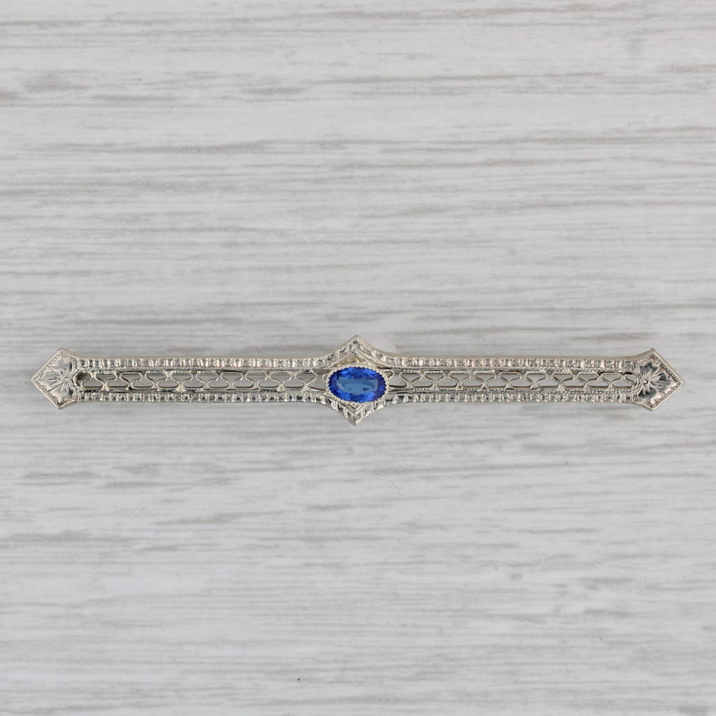 Gray Art Deco 0.35ct Blue Lab Created Sapphire Filgiree Bar Pin 14k White Gold