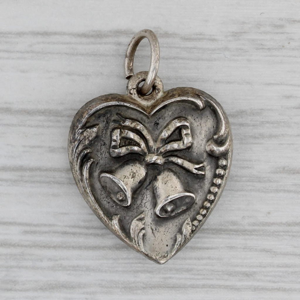 Gray Vintage Puffy Heart Wedding Bells Charm Sterling Silver Ornate Pendant