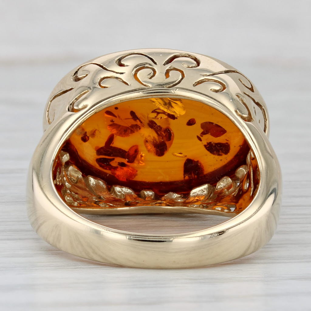 Gray Amber Cabochon 14K Yellow Gold Ornate Cocktail Ring Size 9