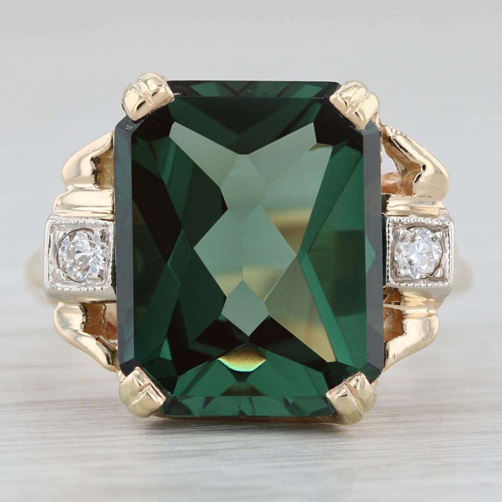 Light Gray Vintage 9.02ctw Green Lab Created Spinel Diamond Ring 14k Gold Size 6.5