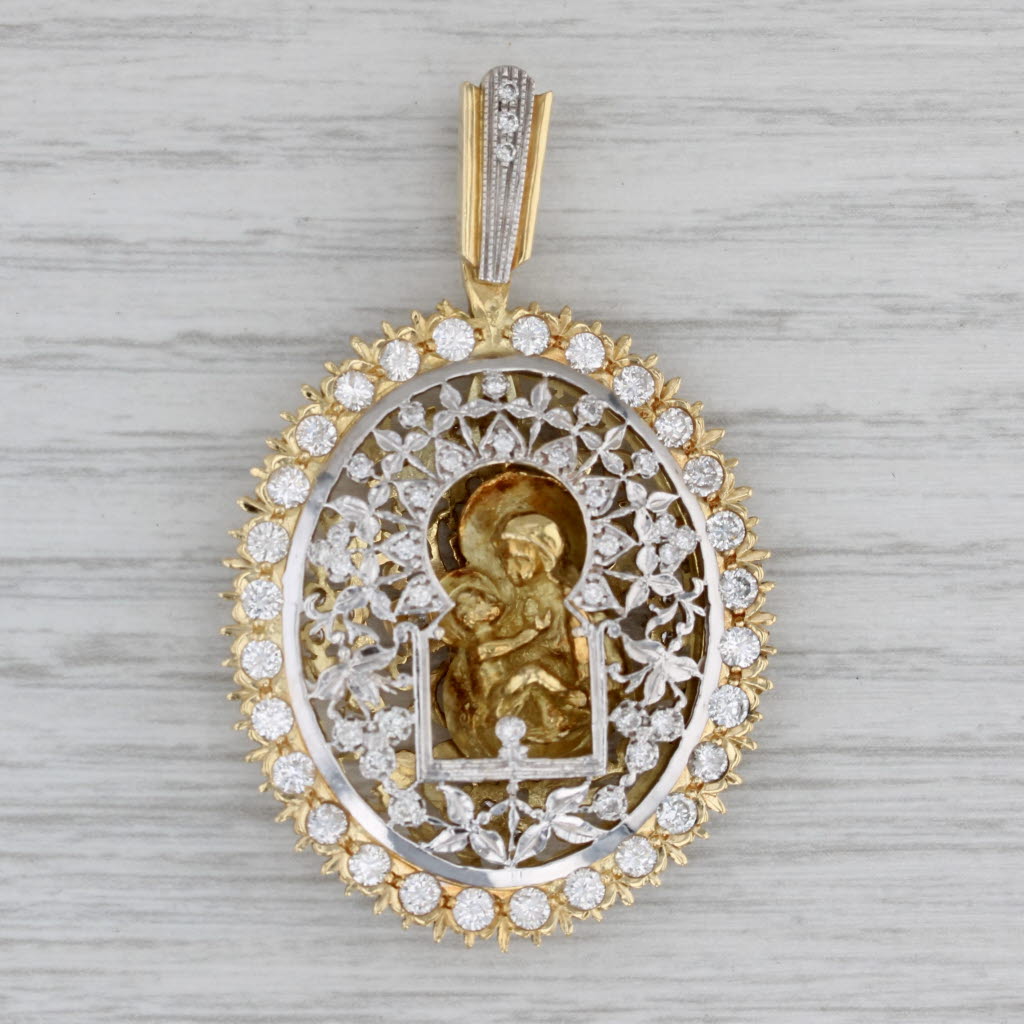 Gray 1.70ctw Diamond Framed Madonna & Child Pendant 18k Gold Moves Reversible