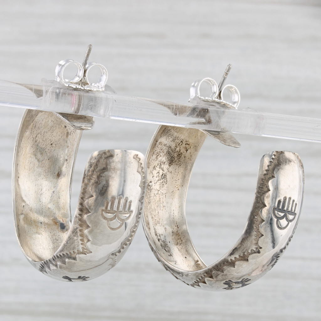 Light Gray Vintage Navajo Native American Stamped Raincloud Hoop Earrings Sterling Silver