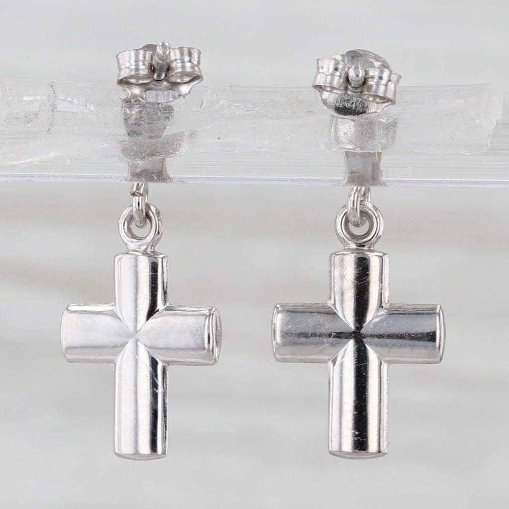 Cross Dangle Earrings 18k White Gold Pierced Drops