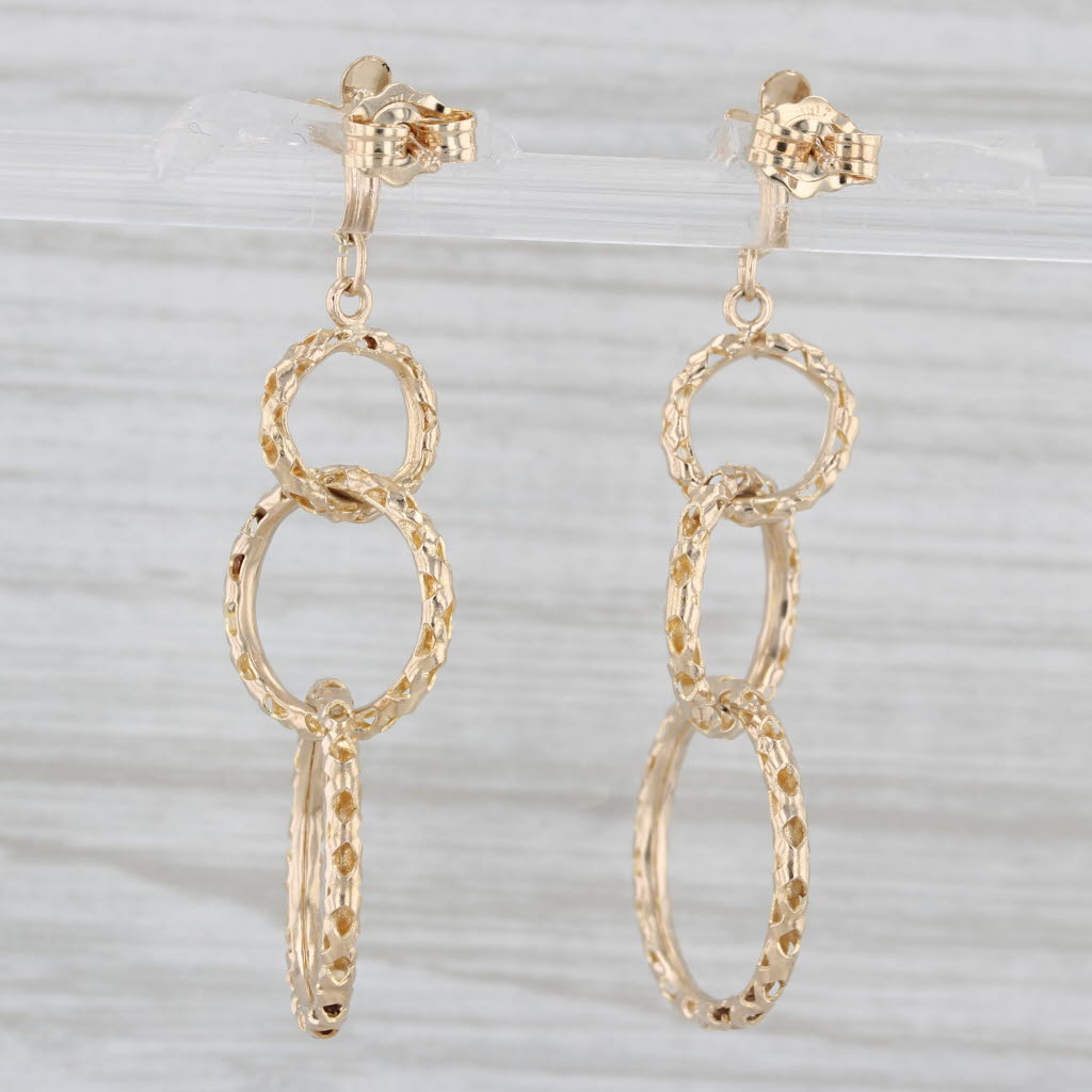 Light Gray 3 Linked Rings Dangle Earrings 14k Yellow Gold