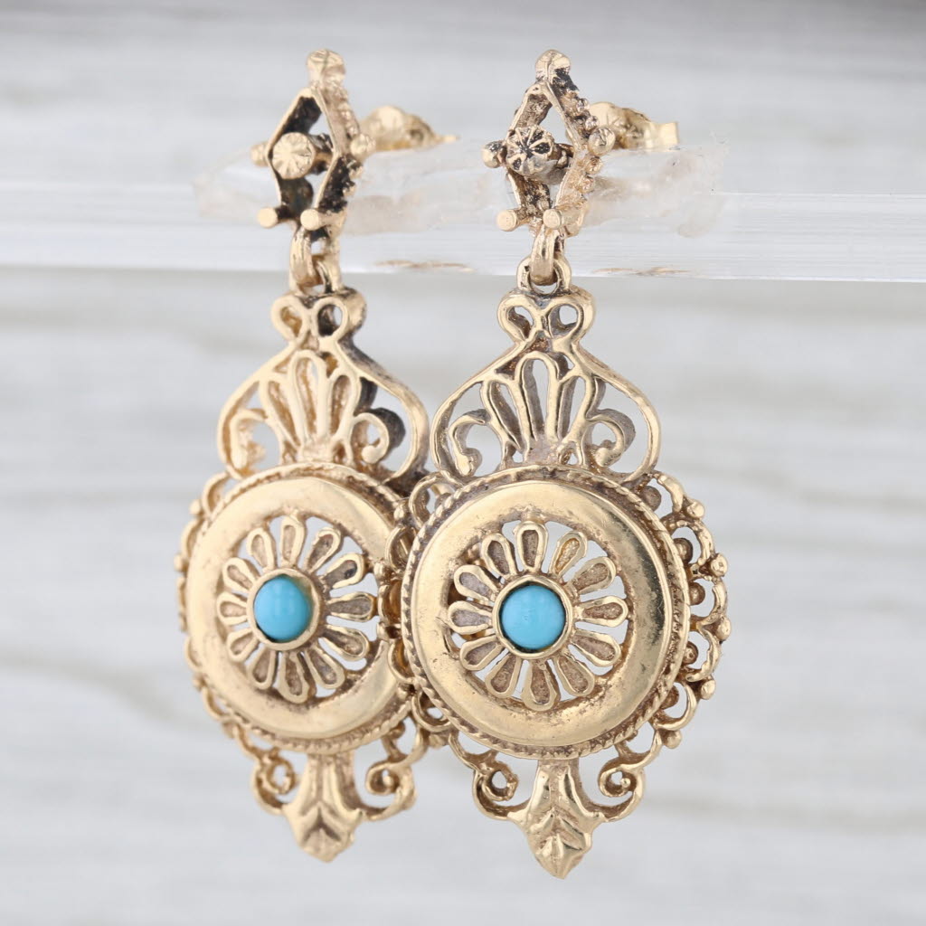 Vintage Ornate Dangle Earrings 14k Gold Turquoise Color Glass Pierced Drops