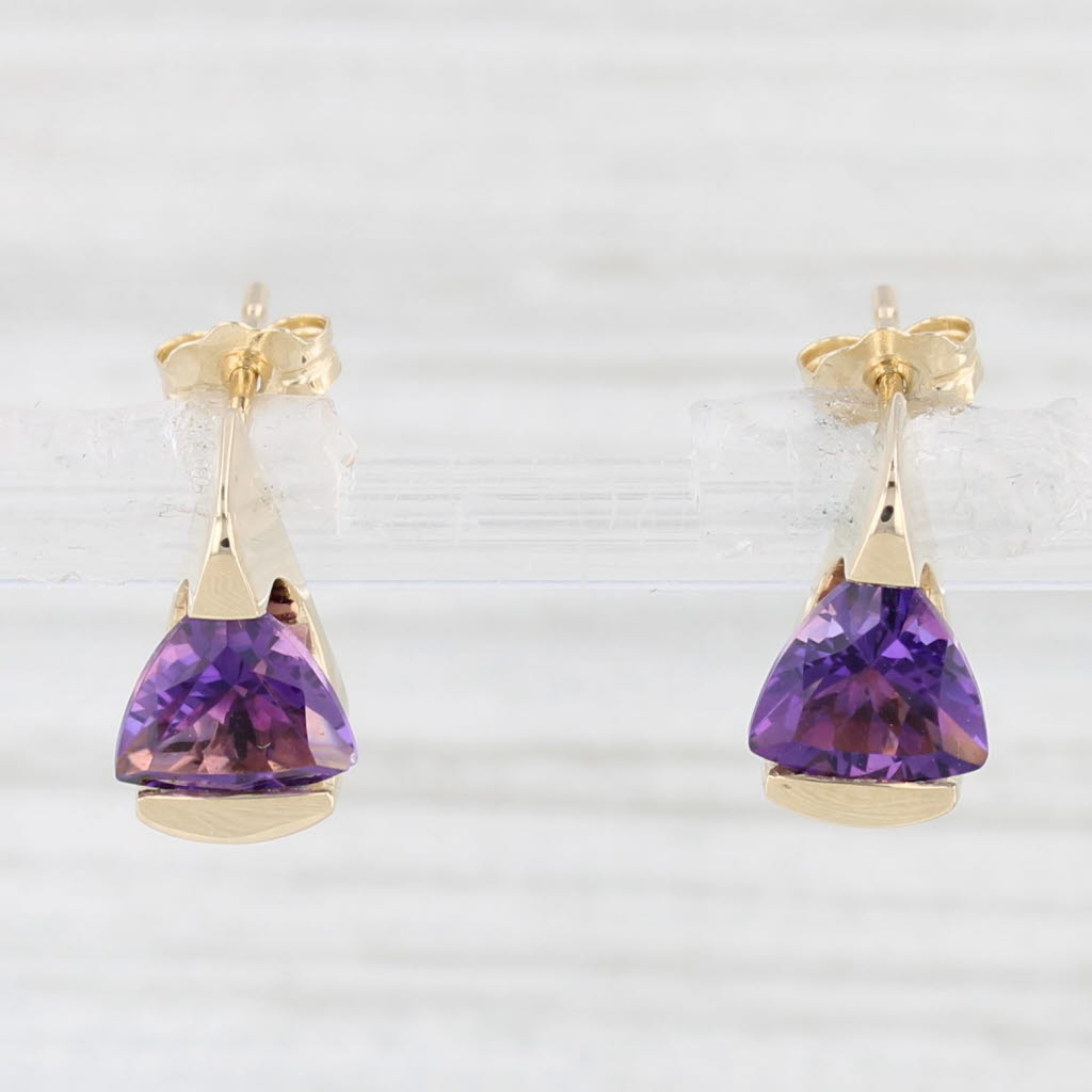 Light Gray 2ctw Trillion Amethyst Drop stud Earrings 14k Yellow Gold