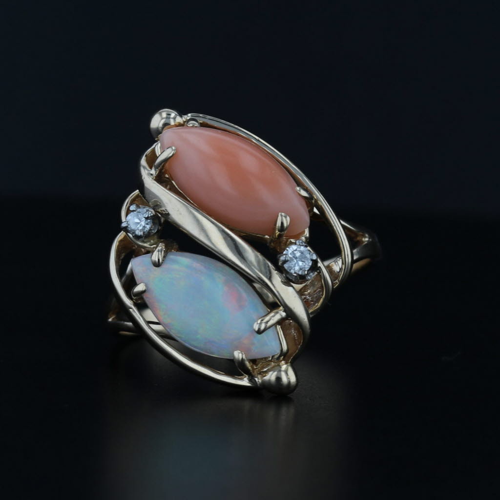 Opal Coral Navette Cabochon Diamond Ring 14k Yellow Gold Size 8