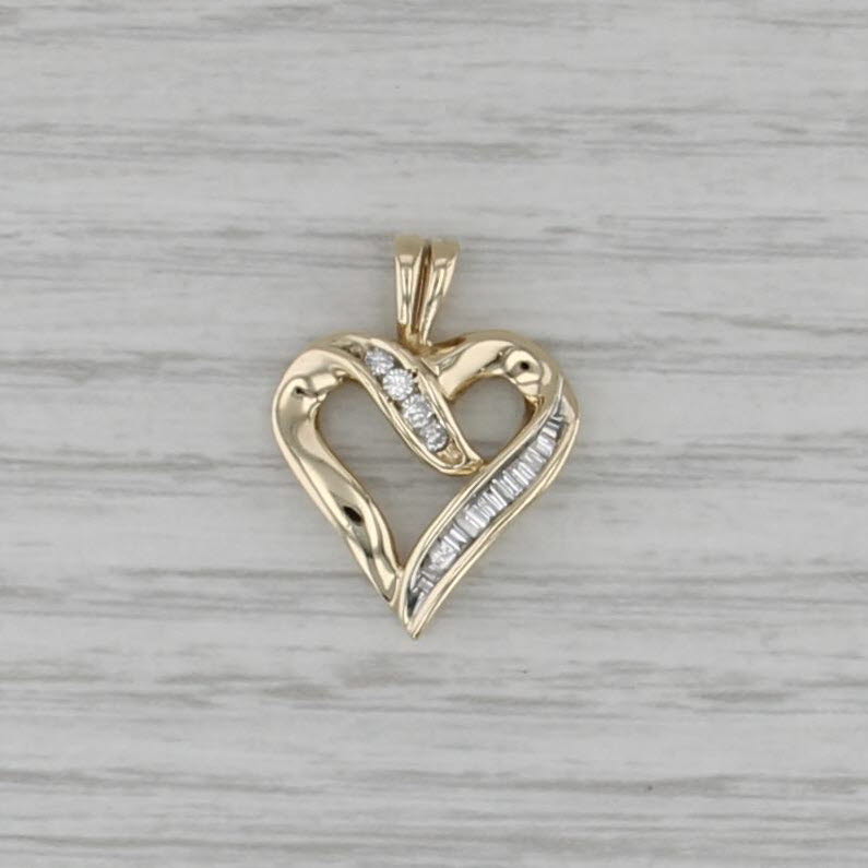 0.19ctw Diamond Open Heart Pendant 10k Yellow Gold Round & Baguette