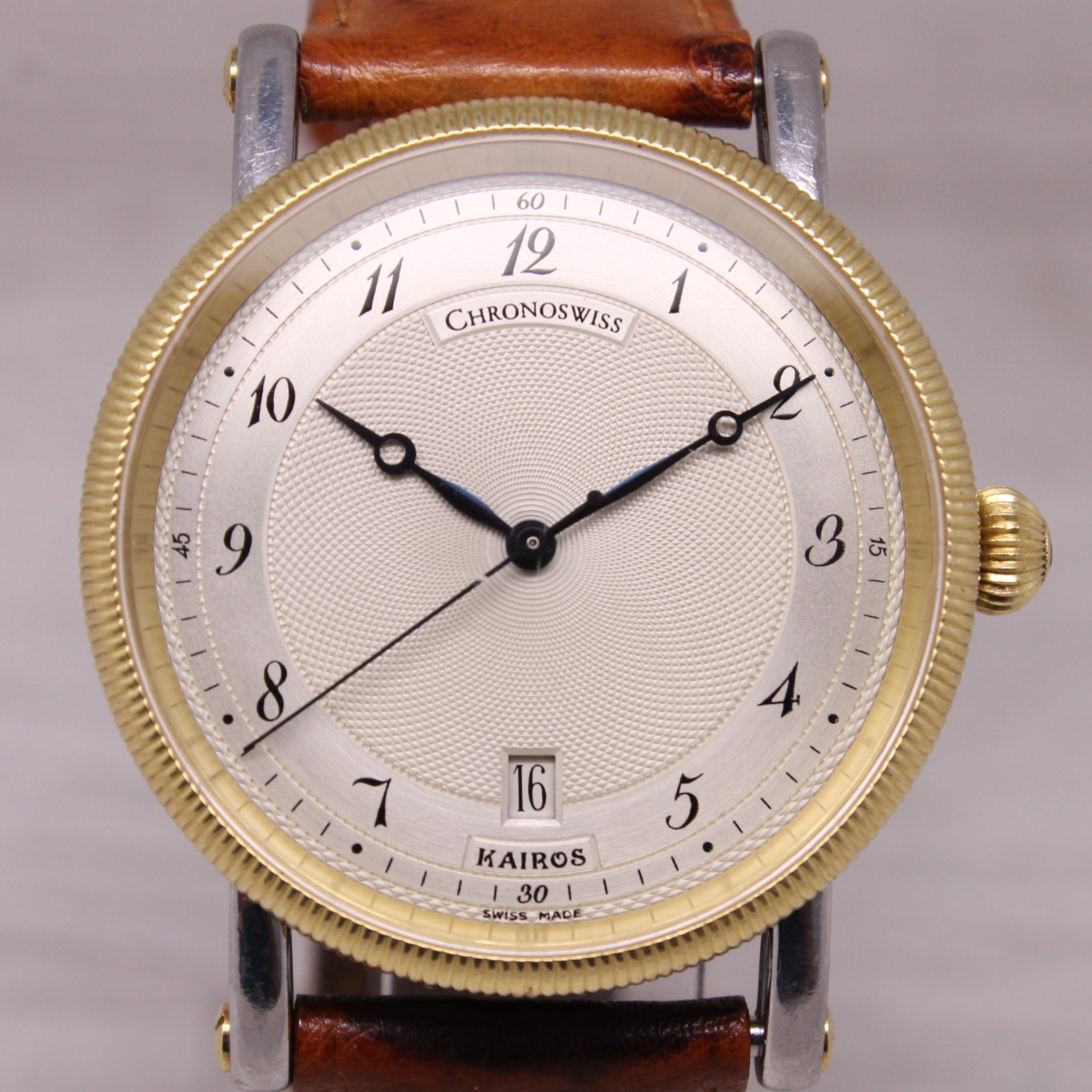Chronoswiss Kairos Mens 38mm Automatic Watch CH2822 Silver Dial Gold Swiss Date