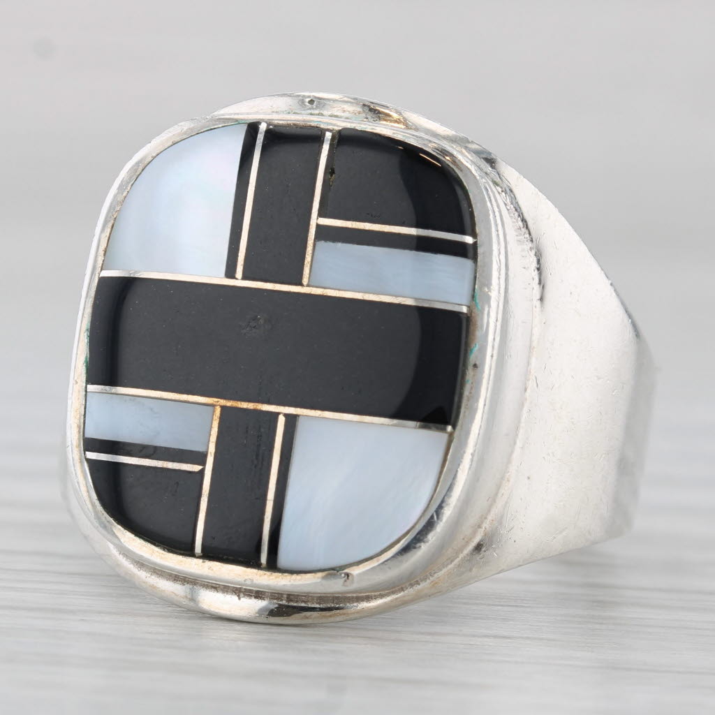 Light Gray Mother of Pearl Quartzite Mosaic Ring Sterling Silver Size 12 Angie Tom Navajo