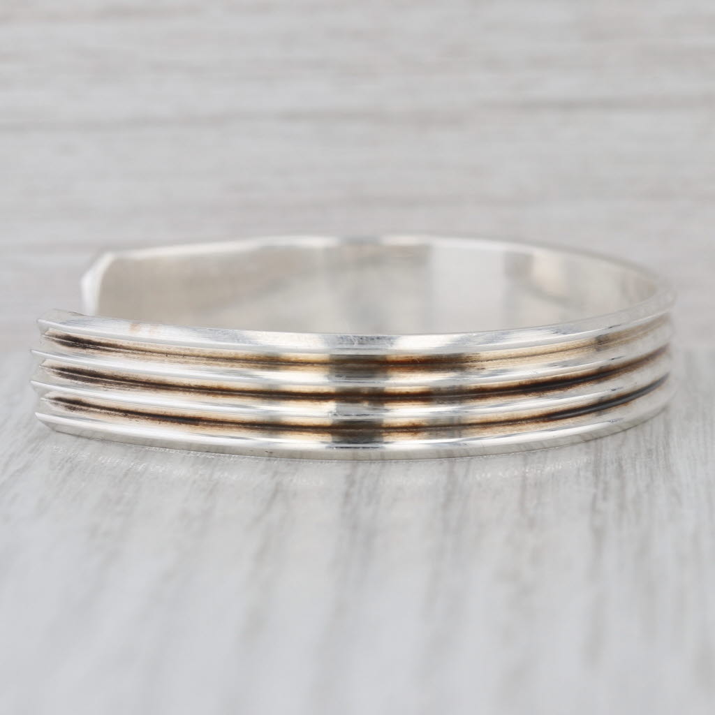 Vintage Beveled Ridged Cuff Bracelet Sterling Silver 7.25" 10.2mm