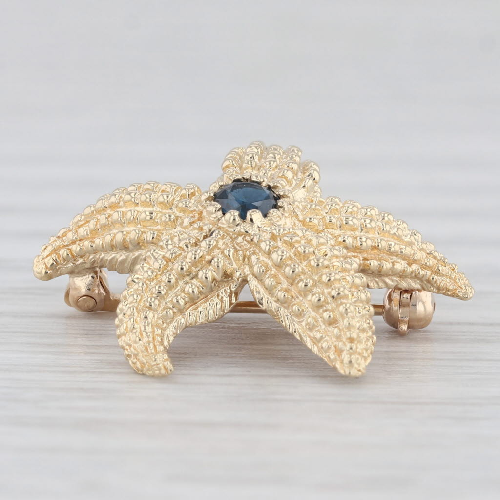 Light Gray 0.20ct Blue Sapphire Starfish Pendant Brooch 14k Yellow Gold Pin