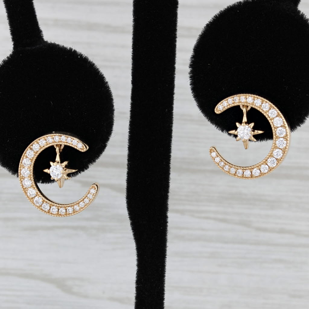 Black New 0.48ctw Diamond Crescent Moon Star Earrings 14k Yellow Gold Pierced Drops