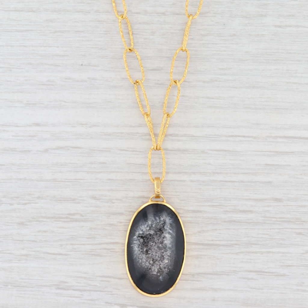 New Nina Wynn Druzy Geode Quartz Pendant Necklace Sterling Gold Vermeil 20.5"