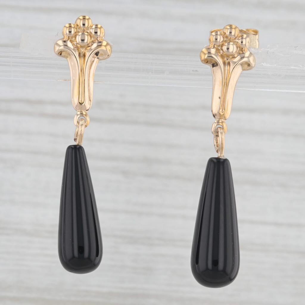 Light Gray Onyx Teardrop Dangle Floral Earrings 14k Yellow Gold