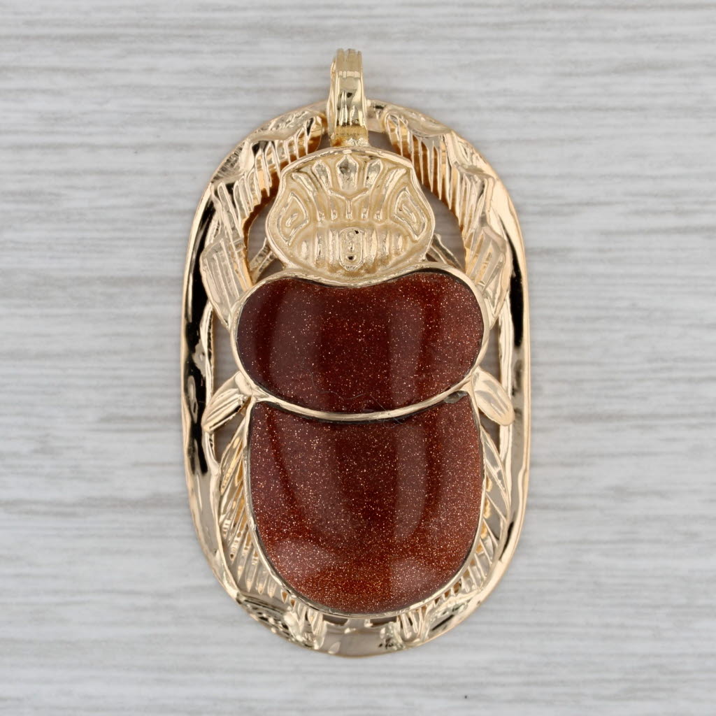 Gray Scarab Pendant Goldstone 18k Yellow Gold Statement