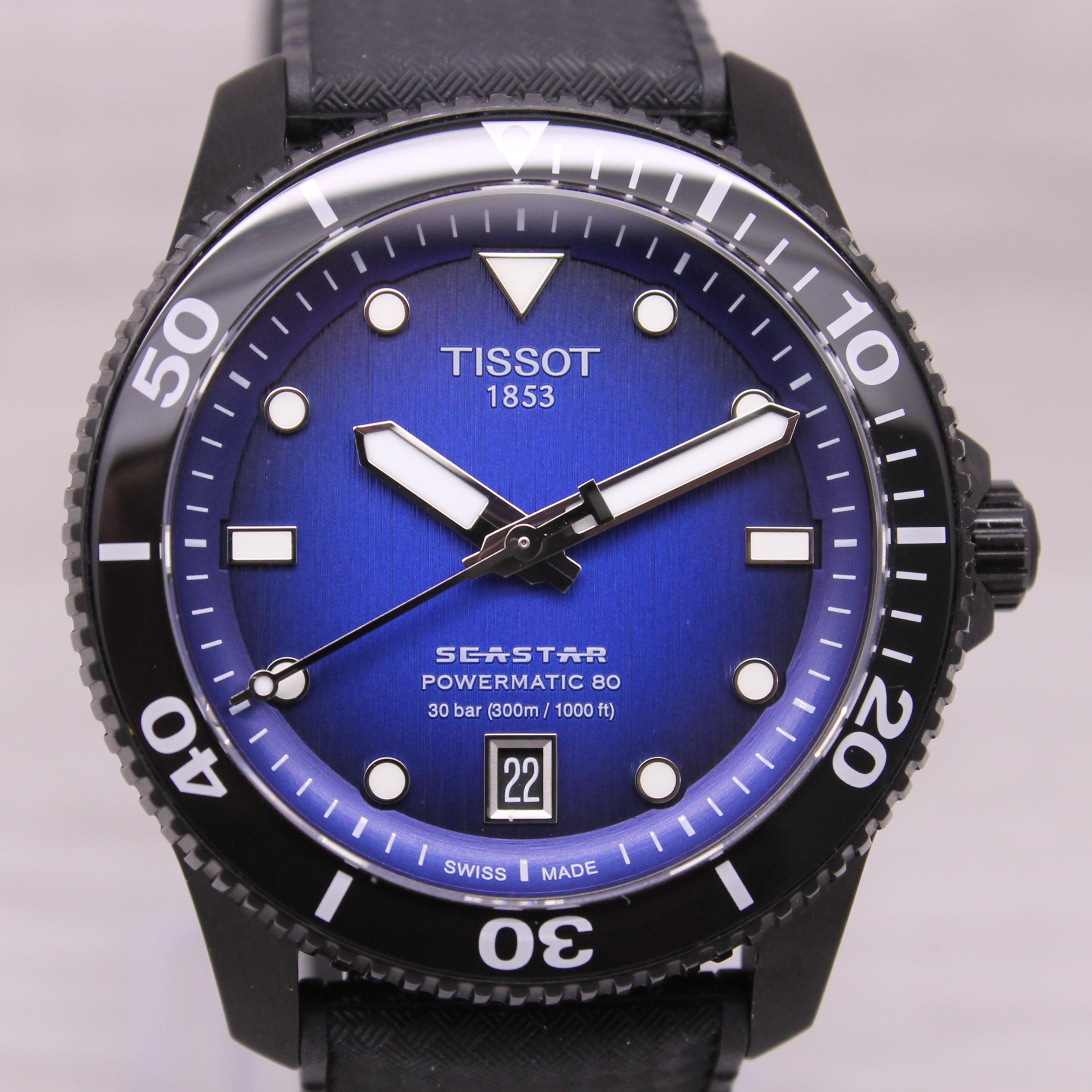 Light Gray Tissot Seastar Powermatic 80 Mens Black PVD 40mm Automatic Divers Watch T120807A