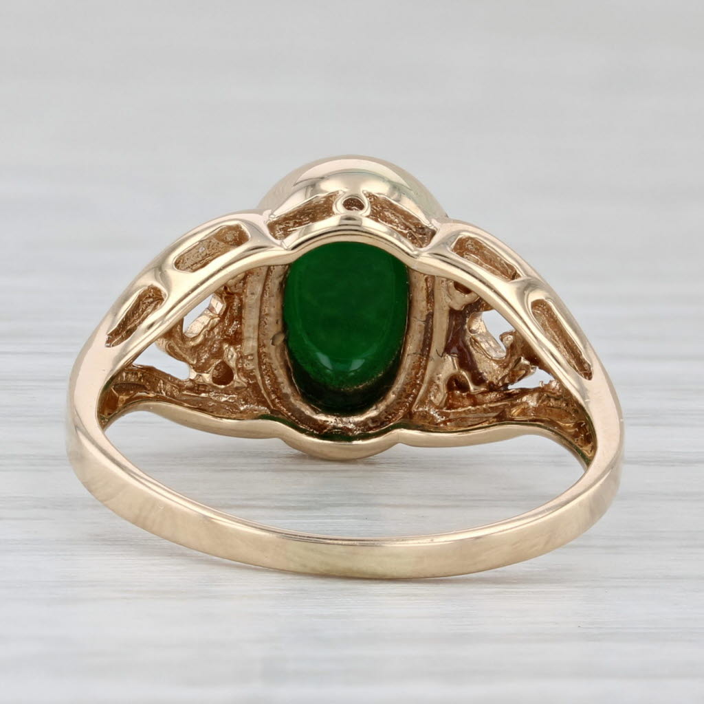 Light Gray Green Jadeite Jade Oval Cabochon Solitaire Ring 14k Gold Size 6.5 Heart Accents