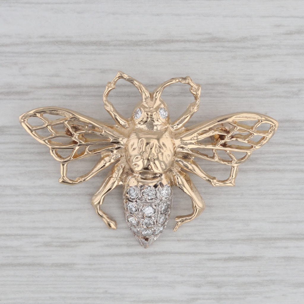 Gray 0.30ctw Diamond Bee Pin 14k Yellow White Gold Insect Brooch