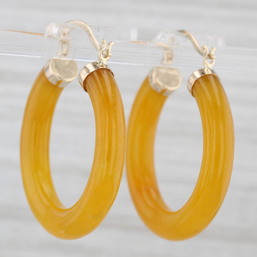 Goldenrod Yellow Jadeite Jade Hoop Earrings 14k Yellow Gold Snap Top Round Hoops