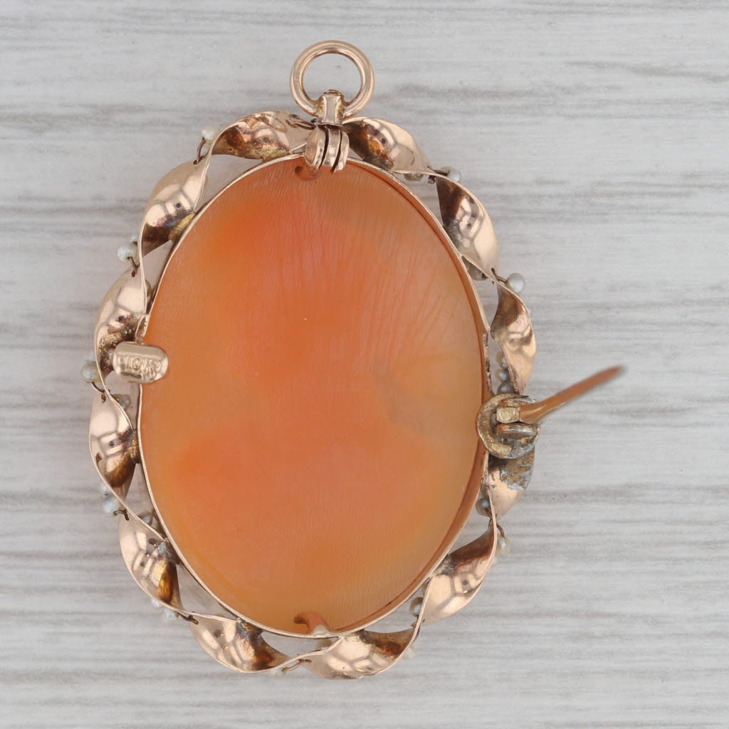 Gray Vintage Carved Shell Cameo Pearl Brooch Pendant 10k Yellow Gold Pin