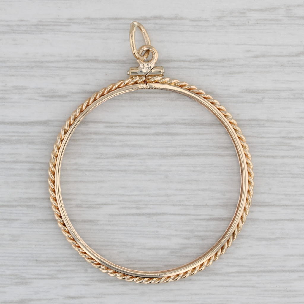 Gray Coin Rope Bezel Pendant 14k Yellow Gold Holds 34-35 mm 1oz Coin