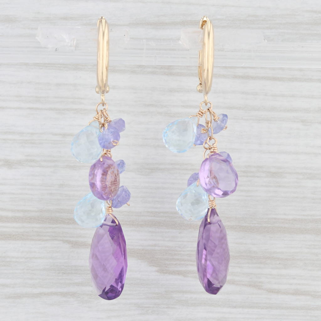 Light Gray Amethyst Blue Topaz Tanzanite Briolette Gemstone Drop Dangle 14K Earrings