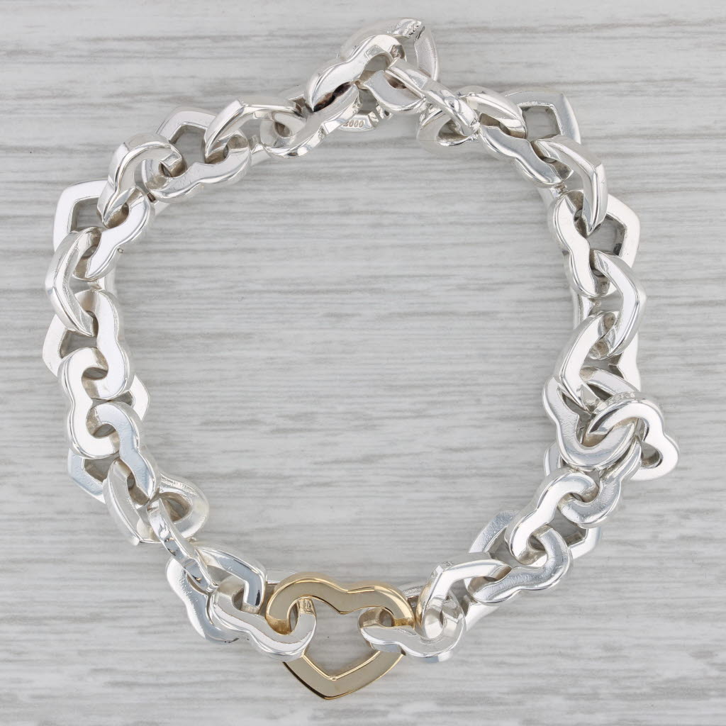 Gray Tiffany & Co Heart Cable Chain Bracelet Sterling Silver 18k Gold 7.75"