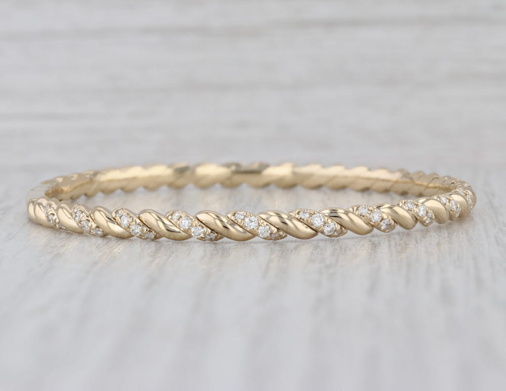 New 0.75ctw Diamond Scalloped Flexible Bangle Bracelet 6.75" 14k Yellow Gold