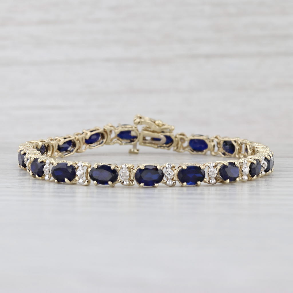 Lab Created Blue Sapphire Diamond Tennis Bracelet 10k Yellow Gold 6.75" 4.8mm