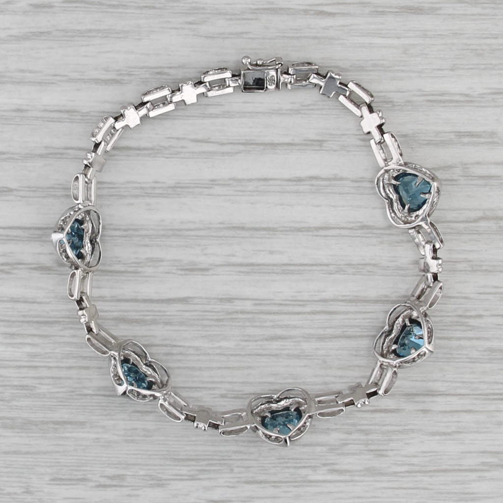 4.61ctw Blue Topaz Hearts Diamond Bracelet 14k White Gold 7"