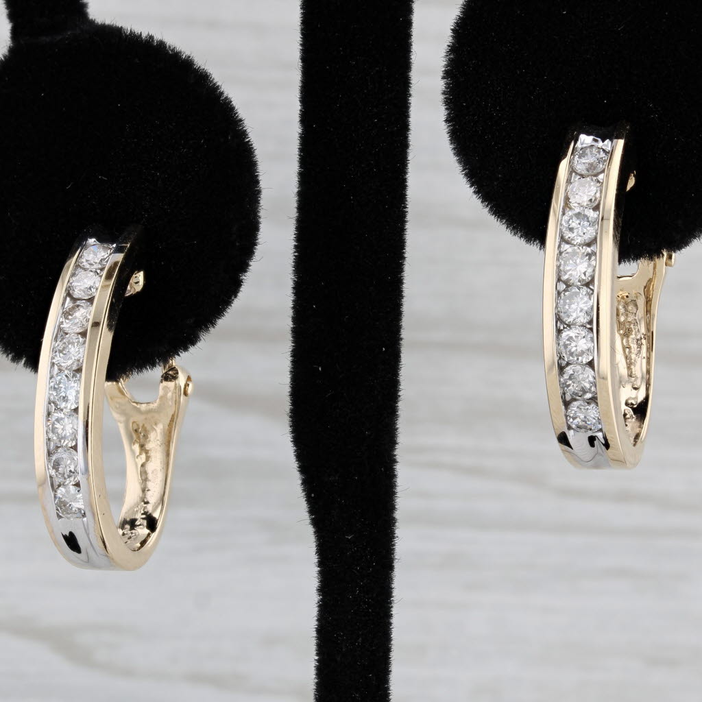 Black 0.80ctw Diamond Journey J-Hook Hoop Earrings 14k Yellow Gold Pierced Omega Backs