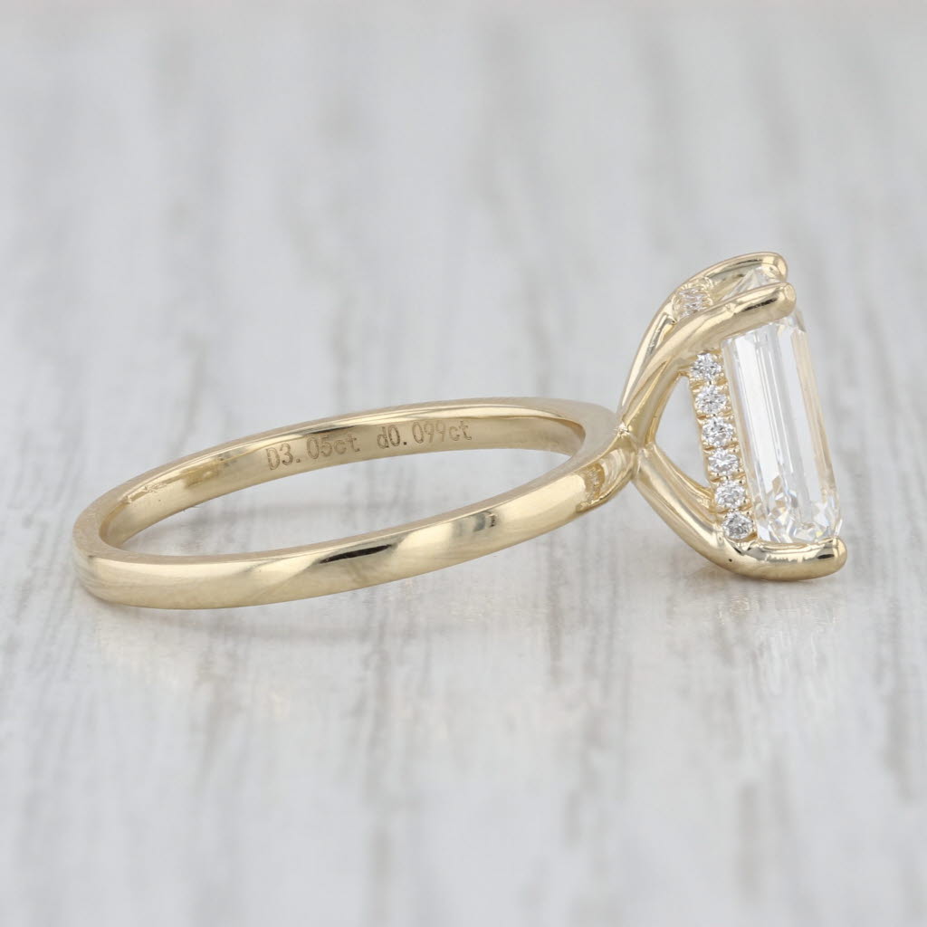 New IGI 3.15ctw Emerald Cut Lab Grown Diamond Engagement Ring 14k Yellow Gold