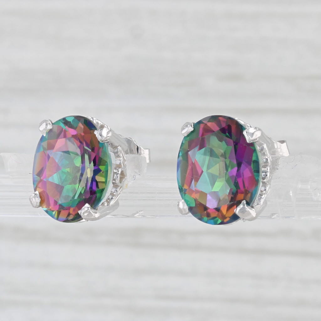 Light Gray 7.20ctw Oval Purple Green Mystic Topaz Stud Earrings 14k White Gold