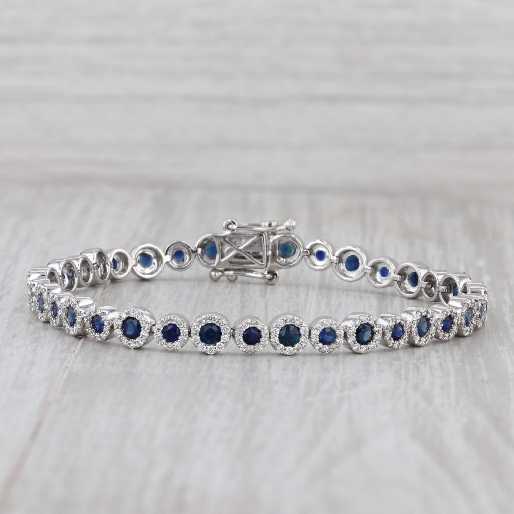 Gray New 6.22ctw Sapphire Diamond Halos Tennis Bracelet 14k White Gold 7.25" 5.6mm