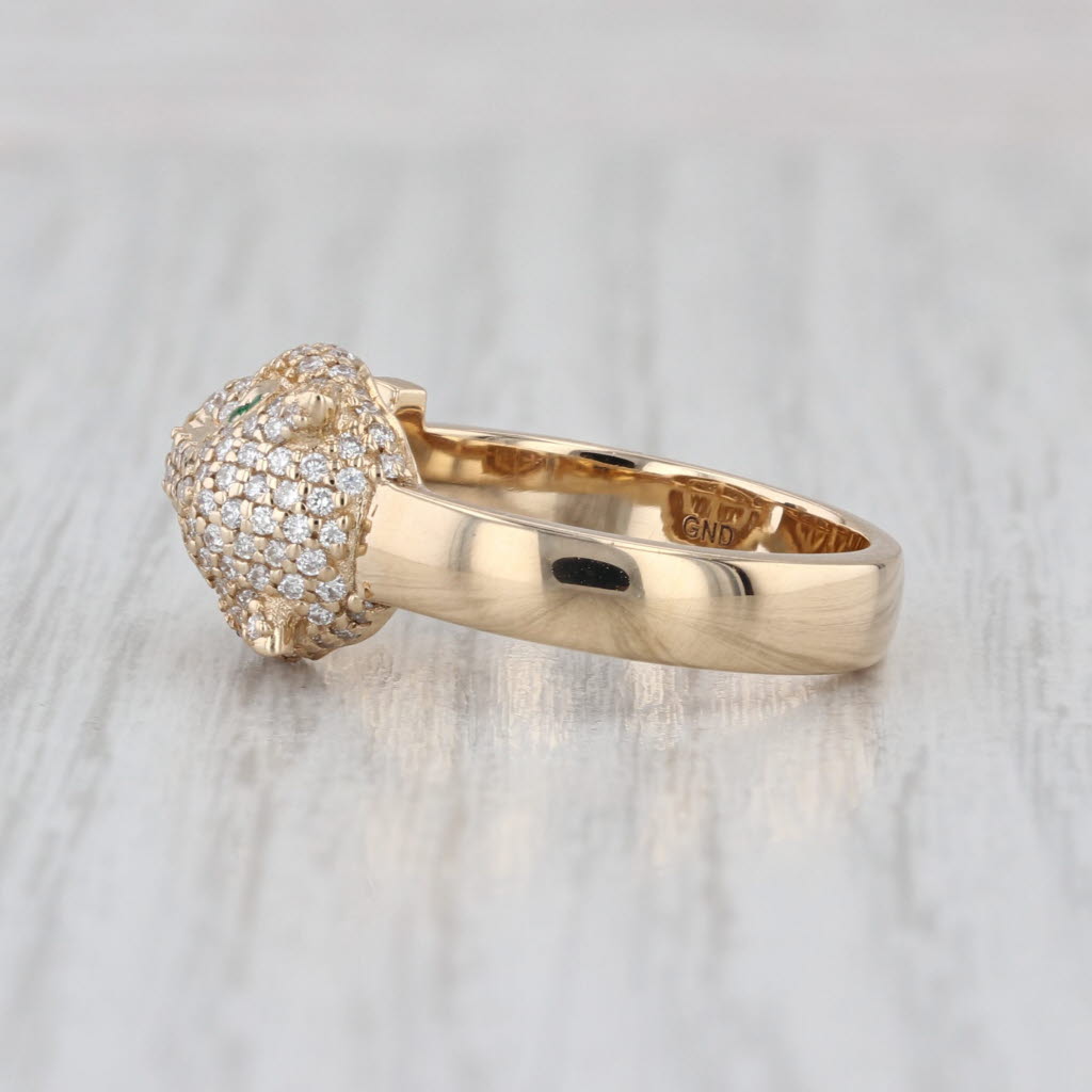 0.29ctw Diamond Panther Door Knocker Ring 10k Yellow Gold Emerald Eyes Size 7.25