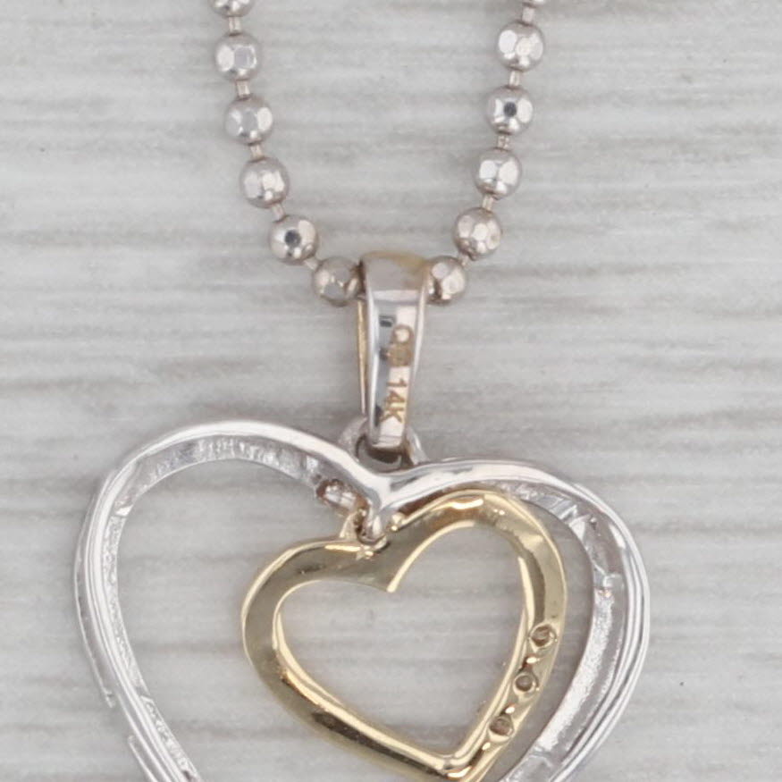 Gray Diamond Accented Double Heart Pendant Necklace 14k White Gold Bead Chain