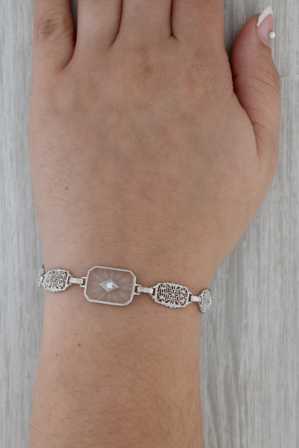 Camphor Glass Diamond Filigree Bracelet 14k White Gold 7.5"