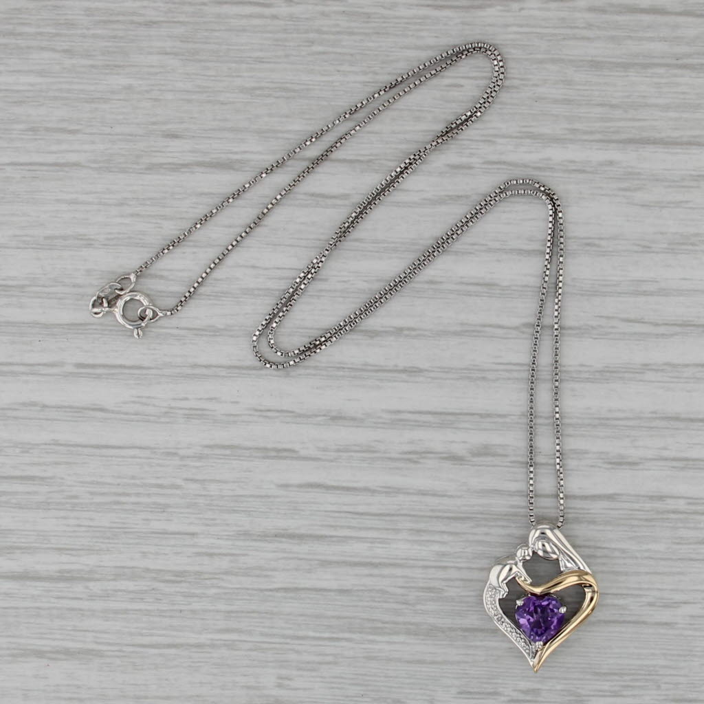 1.12ct Amethyst Mother & Child Heart Pendant Necklace Sterling Silver 14k Gold