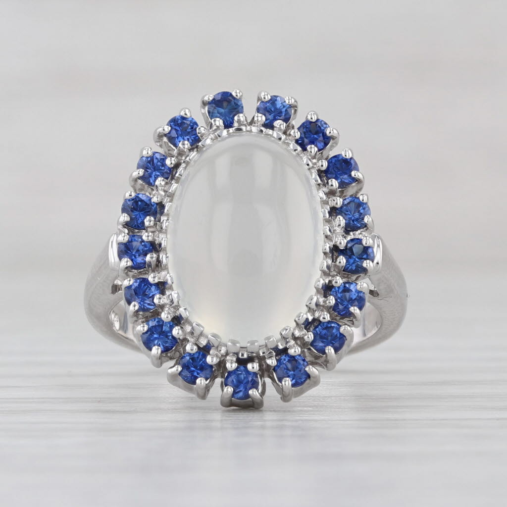 Blue Sapphire Cat's Eye Moonstone Ring 14k White Gold Size 6 Oval Cabochon