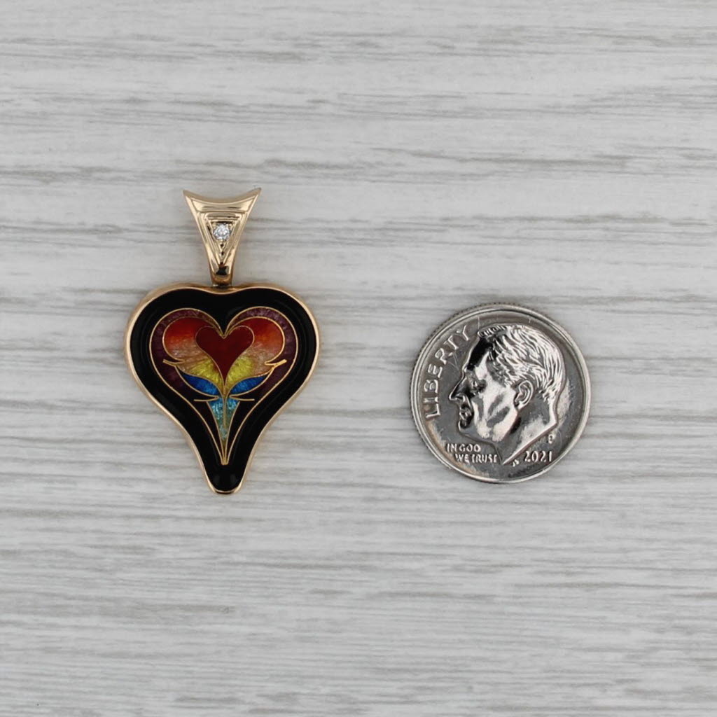 Magik Fusager Cloisonne Heart Pendant 14k Gold Diamond colorful Enamel Mosaic