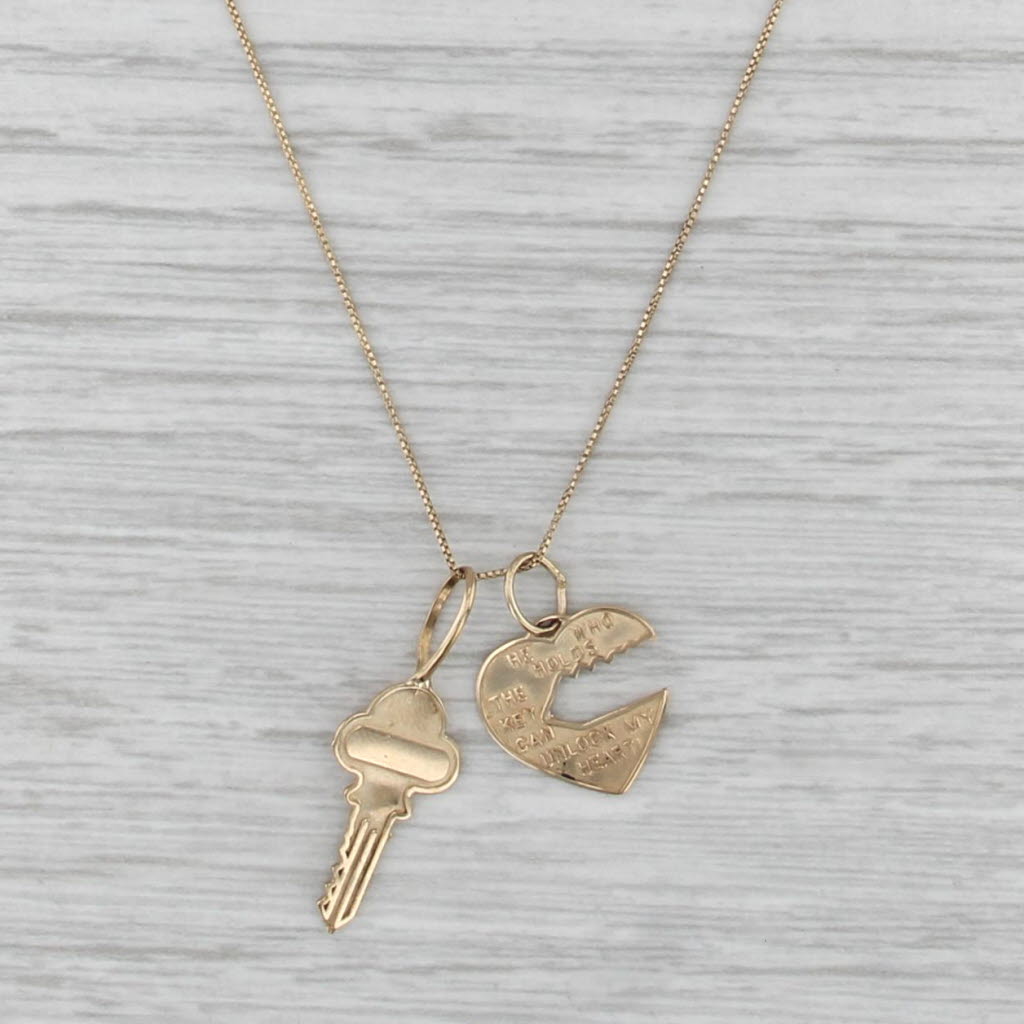 Heart & Key Pendant Necklace 14k Yellow Gold 17" Box Chain