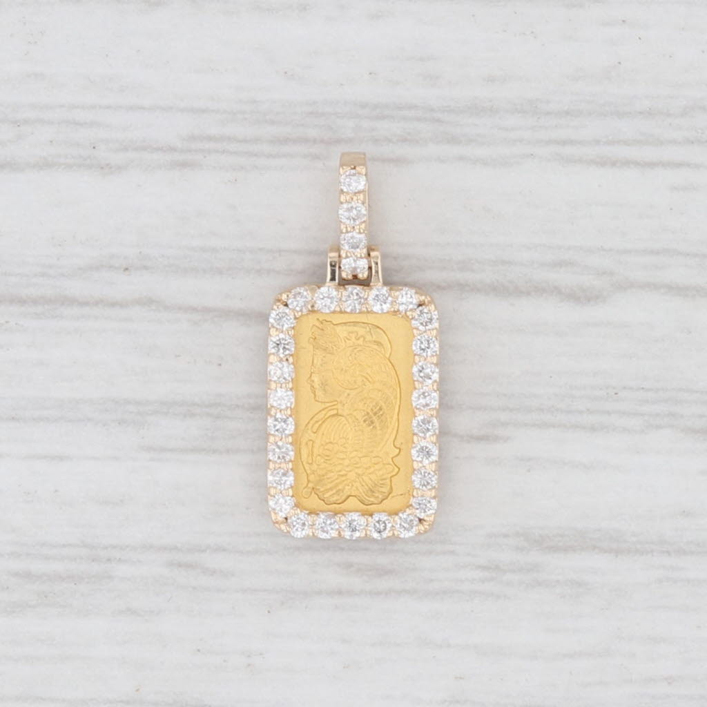 Light Gray New Diamond Halo Pamp Fortuna Gold Bar Pendant 1 Gram 999 and 14k Yellow Gold