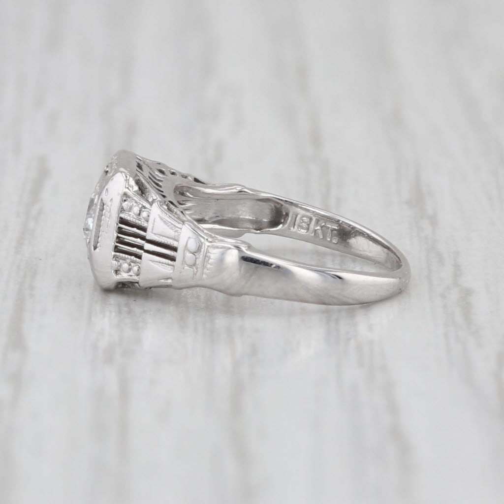 Art Deco 0.15ct Diamond Solitaire Engagement Ring 18k White Gold Filigree Size 2