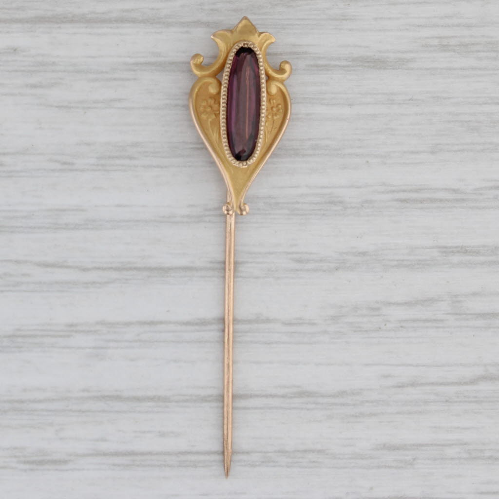 Gray Art Nouveau Garnet Glass Doublet 10k Yellow Gold Stickpin