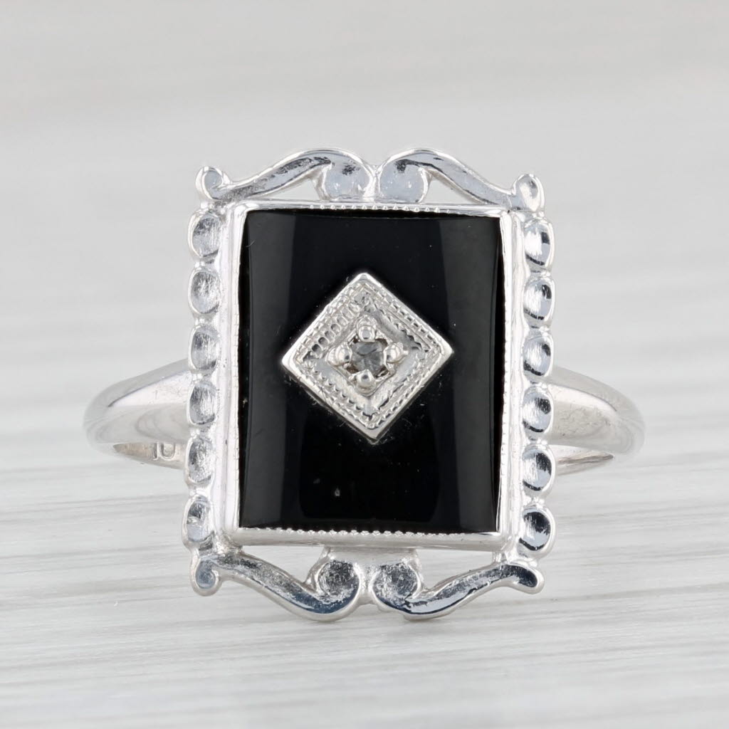 Light Gray Vintage Onyx Diamond Signet Ring 10k White Gold Size 4.5 PS Co