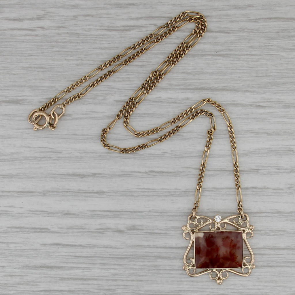 Moss Agate Diamond Ornate Pendant Necklace 14k Yellow Gold 15.5" Figaro Chain