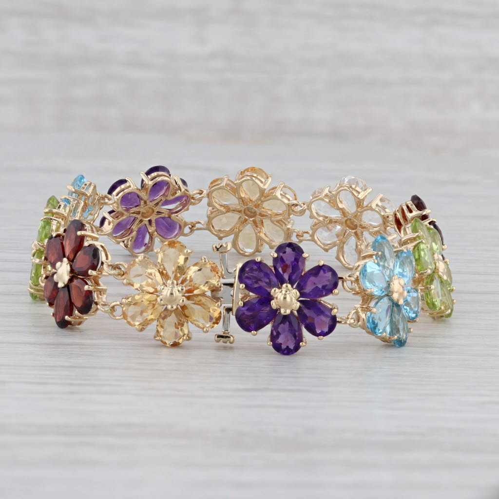 Gray 24.50ctw Gemstone Flower Bracelet 14k Gold Topaz Amethyst Peridot Garnet Citrine