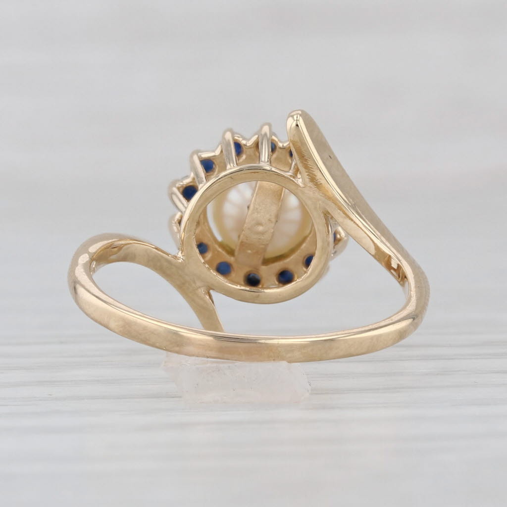 Cultured Pearl Blue Sapphire Halo Bypass Ring 14k Yellow Gold Size 7.25